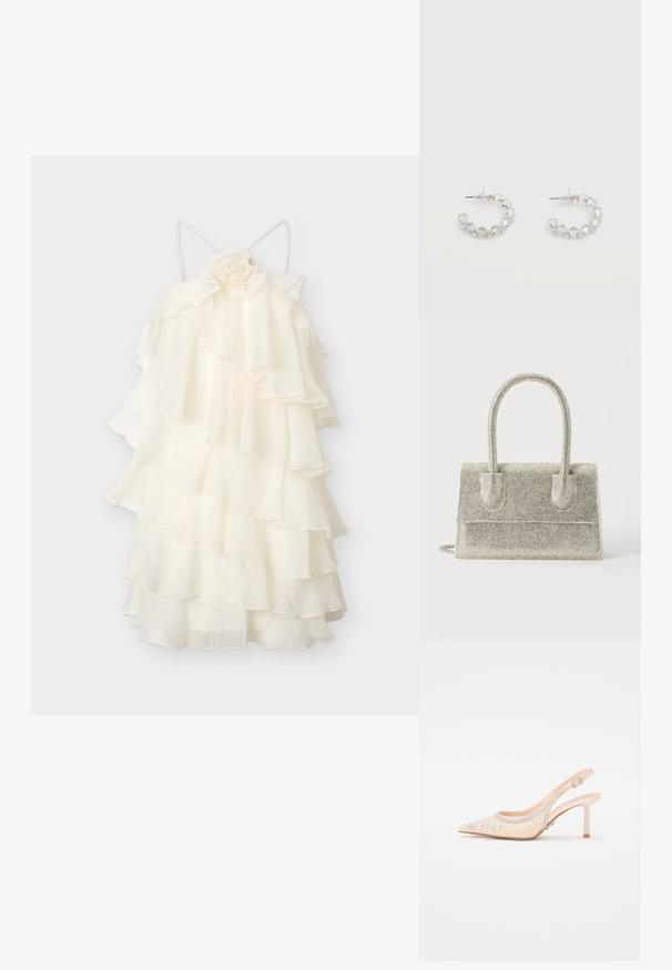 Witte chiffonjurk met lagen, fijne bandjes en een stoffen roos bij de halslijn.; Steve Madden VERO - Hoge hakken - champagne; Kleine rechthoekige zilveren handtas bedekt met fonkelende strassstenen met dubbele handvatten en een klepsluiting.; Zilveren oorringen met open ronde vorm, bezet met heldere gefacetteerde kristallen, met postbevestigingen en transparante oorstoppers op een witte achtergrond.