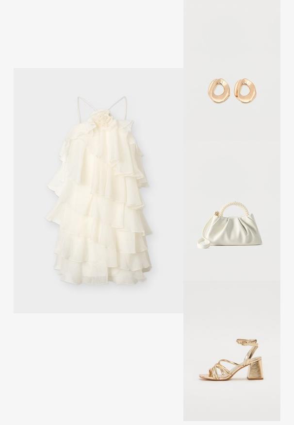 Robe blanche en chiffon à plusieurs couches avec de fines bretelles et un détail de rose en tissu près de l'encolure.; Sandales à talons métalliques dorés avec un design à lacets, un talon carré, et une sangle de cheville ajustable avec une boucle. Texture lisse.; Petit sac à main blanc avec un corps froncé, une poignée ronde ornée de perles et une bandoulière amovible sur un fond uni.; Paired boucles d'oreilles en métal doré poli de forme irrégulière avec un centre ouvert sur un fond blanc uni.