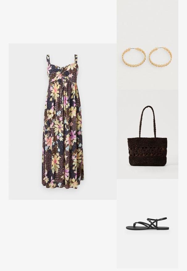 Robe maxi sans manches avec fond noir et grand imprimé floral multicolore, dotée d'un décolleté en cœur et d'un détail noué à l'avant.; Sandale plate noire avec fines brides, boucle réglable à la cheville et bride pour l’orteil sur un fond gris clair uni.; Sac fourre-tout tissé brun foncé avec des motifs floraux et deux longues poignées tressées sur un fond clair uni.; Boucles d'oreilles créoles en or avec un design texturé orné de petites perles rondes sur le bord extérieur. Légères avec une fermeture sécurisée.