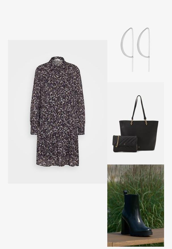 Blumenkleid mit dunkelviolettem Hintergrund, das lange Ärmel, einen Kragen und eine fließende Silhouette hat. Das Muster umfasst kleine weiße und violette Blumen.; Schwarze, glänzende Leder-Ankle-Boots mit klobigem hohen Absatz und Zuglasche, präsentiert auf einer Holzoberfläche vor einem Hintergrund aus hochgewachsenem grünem Gras.; Schwarze Taschen aus Kunstleder mit zwei stabilen Griffen und goldfarbener Hardware, kombiniert mit einer kleinen gepolsterten schwarzen Clutch mit einer Kettenriemen.; Silberne Ohrringe aus Metall mit einem minimalistischen geschwungenen Design, das verlängerte, offene Tropfenformen mit einer matten Oberfläche aufweist.