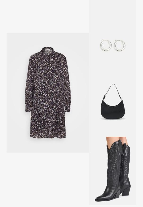 Bloemige jurk met een donkerpaarse achtergrond, voorzien van lange mouwen, een kraag en een vloeiende silhouet. Het patroon bevat kleine witte en paarse bloemen.; Zwarte leren cowboylaarzen met spitse neuzen, decoratieve stiksels en schuine blokhakken gedragen door een persoon.; Zwarte hobo tas van soepel leer met een gebogen silhouet, voorzien van een enkele verstelbare schouderriem en minimalistische ontwerpdetails.; Zilveren oorbellen in de vorm van een ring met een gepolijste afwerking, met een cirkelvorm en een scharnierende postsluiting. Glad oppervlak met minimale details.