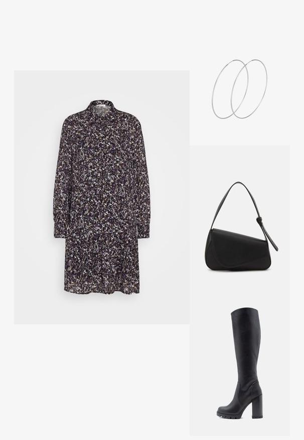 Robe florale avec un fond violet foncé, dotée de manches longues, d'un col et d'une silhouette fluide. Le motif comprend de petites fleurs blanches et violettes.; Botte noire montante, en cuir lisse, avec un talon épais, un bout rond, une semelle texturée avec adhérence, au design élégant sans embellissements.; Sac à main en cuir noir de forme triangulaire, avec un rabat incliné et une poignée supérieure arrondie. Il présente une texture lisse et des détails de design minimalistes.; Boucles d'oreilles en argent au design minimaliste. Forme circulaire, texture lisse et profil fin. Légères avec une finition polie.