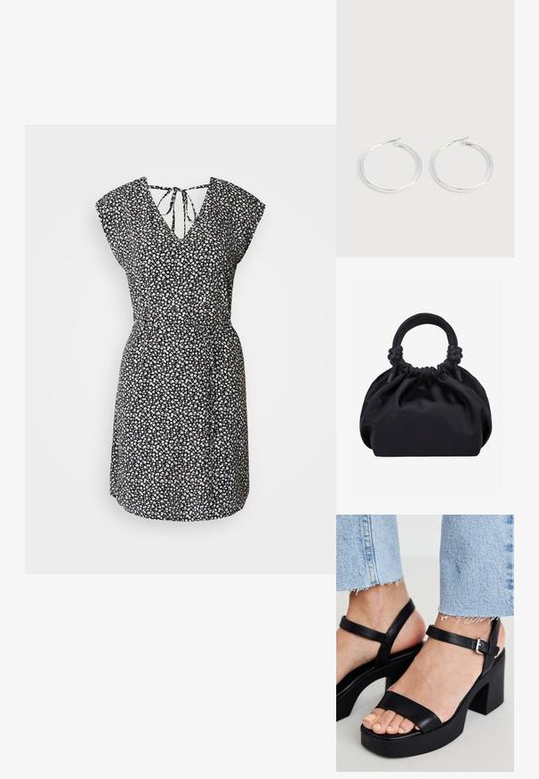 Schwarzes Kleid mit weißem Blumenmuster, V-Ausschnitt, kurzen Ärmeln, tailliertem Bund und Rückenbindedetail. Leichter Stoff mit glatter Textur.; ALDO CELIE - High Heel Sandalette - black; Schwarze weiche Stoffhandtasche mit gerafftem oberen Rand und runden, gepolsterten Griffen, die auf jeder Seite mit Knoten gebunden sind.; Paar glänzende silberne Creolen mit dünnen Drahtverschlüssen, dargestellt vor einem hellgrauen Hintergrund.