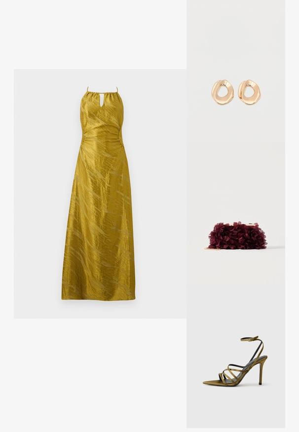 Vestido largo de satén amarillo mostaza con tirantes finos, escote frontal con abertura en forma de ojo de cerradura y un sutil patrón texturizado.; Sandalia de tacón alto con tiras en ante verde oliva, puntera puntiaguda, suela negra y correa ajustable en el tobillo. Presenta un diseño superior de tiras entrelazadas.; Bolso de mano cubierto de pétalos de tela burdeos con un marco metálico dorado y una correa corta de cadena dorada, mostrado sobre un fondo liso.; Par de pendientes de aro de metal en tono dorado pulido, de forma irregular y con centro abierto, sobre un fondo blanco liso.