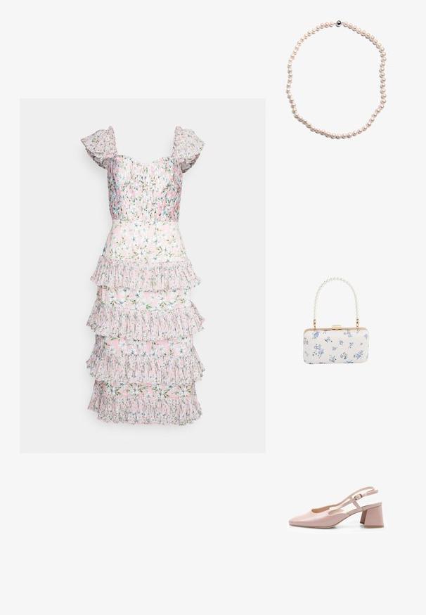 AMUR GRADY COMBO PLEATED - Koktailové šaty/večierkové šaty - rosewater posey; Ružová lakovaná slingback obuv so štvorcovou špičkou, nastaviteľným pásikom a blokovým podpätkom. Hladký povrch a minimalistický dizajn.; Biely obdĺžnikový listová taška s modrým kvetinovým vzorom a rukoväťou zdobenou perlami s kovovým zlatým kovaním a zapínaním na sponu.; Perlový náhrdelník s rovnomernými svetloružovými guľatými perlami s hladkým povrchom, zafixovaný strieborným uzáverom a lešteným čiernym akcentom.