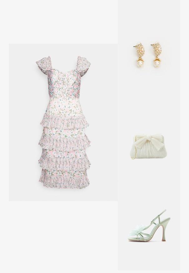 AMUR GRADY COMBO PLEATED - Cocktail φόρεμα / Φόρεμα για πάρτι - rosewater posey; Πράσινο ανοιχτόχρωμο πέδιλο με λεπτά λουράκια και μεγάλο υφασμάτινο λουλούδι διακοσμητικό στην περιοχή των δαχτύλων.; Λευκή πλισέ τσάντα clutch με έντονη λεπτομέρεια σε φιόγκο και χρυσή αλυσίδα. Μαλακή υφή με συγκεντρωμένο σχέδιο στο μπροστινό μέρος.; Χρυσά σκουλαρίκια με λουλουδάτο σχέδιο, διακοσμημένα με μαργαριτάρια και μια μεγαλύτερη σταγόνα μαργαριταριού. Στη διακόσμηση περιλαμβάνονται μικρά, διάφανα κρύσταλλα.