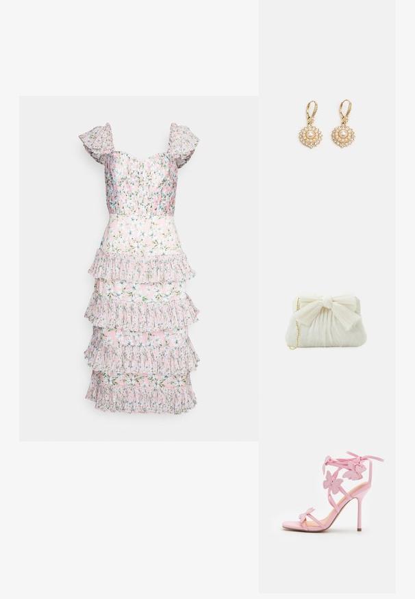 AMUR GRADY COMBO PLEATED - Cocktailkjole / festkjole - rosewater posey; Lyserøde højhælede sandaler med sommerfugle pynt, lavet af glat materiale. Har tynde stropper og en slank hæl.; Hvid plisseret clutch-taske med en fremtrædende sløjfedetalje og en guldkædetras. Blød tekstur med et samlet design på forsiden.; Marchesa ROUND PEARL DROP - Øreringe - gold-coloured