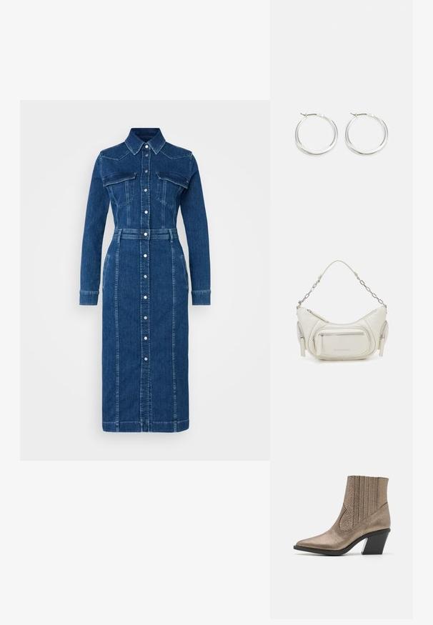 Denim shirtjurk met lange mouwen, kraag, sluiting met knopen aan de voorkant, twee borstzakken en een aansluitende taille. Heeft een knielange zoom.; Metalen bronzen enkelboot met een spitse neus, textuur oppervlak, verticale uitsparingen en een blokhak met een doorzichtig accent.; Witte leren tas met een gebogen vorm, kettingaccenten op de schouderriem en meerdere ritszakken. Gladde textuur met een logo op de voorkant.; Zilveren hoop oorbellen hebben een glad, rond ontwerp met een dun profiel en een veilige sluiting. Minimalistische stijl met een gepolijste afwerking.