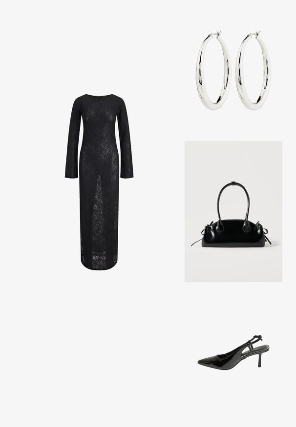 Zwarte kanten maxi-jurk met lange mouwen en een rechte silhoeët. Heeft een hoge halslijn en een bloemig kantpatroon, semi-doorzichtige textuur.; Zwarte gepatineerde leren slingback pump met een spitse neus, slanke hak en een enkelbandje. Beschikt over een uitsnijdontwerp aan de zijkant.; Kleine zwarte glanzende handtas met twee lange hengsels en zijkant trekkoord details op een effen lichte achtergrond.; Zilveren creool oorbellen met een gladde, reflecterende oppervlak. Ronde, grote vorm met een veilige sluiting aan de bovenkant. Gepolijste afwerking toont de glans.