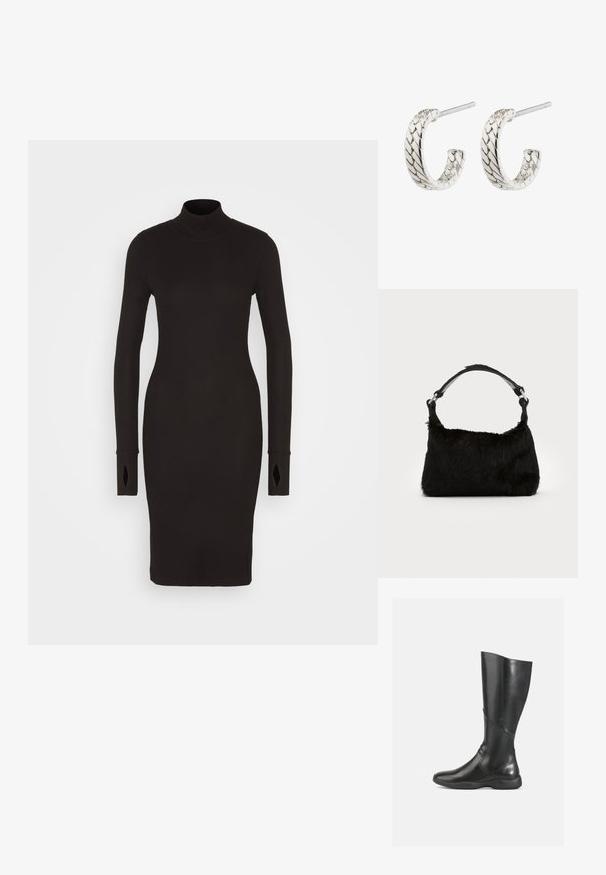 Robe en tricot noir côtelé avec un col haut, des manches longues présentant des accents découpés, et une silhouette ajustée qui tombe au-dessus du genou.; Bottine noire en cuir jusqu'au genou avec une finition lisse, un bout arrondi et une semelle douce. Présente une silhouette moderne et des accents de couture minimalistes.; Sac à main en fausse fourrure noire avec une texture douce, une forme arrondie et une bandoulière en cuir noir robuste. Accent en métal argenté visible.; Boucles d'oreilles en argent en forme de créoles avec un motif tressé, présentant une surface texturée et une fermeture à tige, un design courbé et une finition polie.