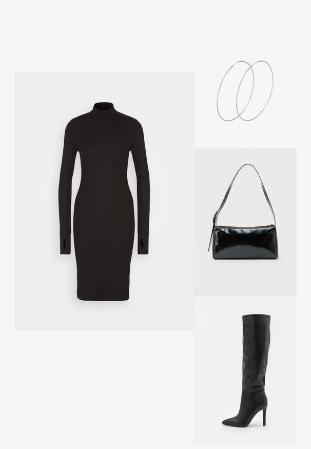 Robe en tricot noir côtelé avec un col haut, des manches longues présentant des accents découpés, et une silhouette ajustée qui tombe au-dessus du genou.; RAID TALISHA - Bottes - black; Sac d'épaule rectangulaire noir avec une sangle réglable unique et une fermeture éclair supérieure sur un fond uni.; Boucles d'oreilles en argent au design minimaliste. Forme circulaire, texture lisse et profil fin. Légères avec une finition polie.