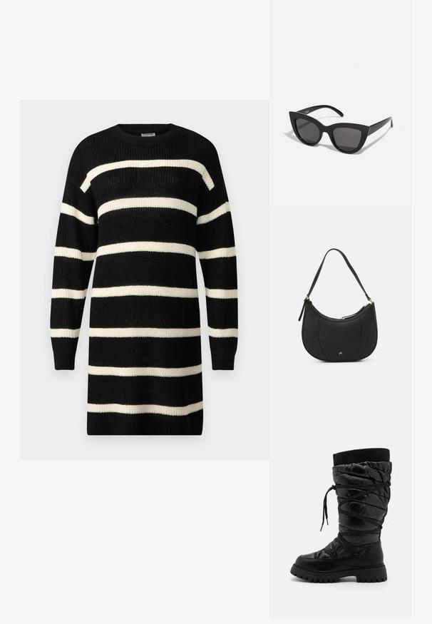 Sort strikket sweaterkjole med brede vandrette cremede striber, rund halsudskæring og lange ærmer. Tekstureret stof med ribbede manchetter og kant.; Sorte knæhøje støvler med en kviltet tekstur, der har snørebåndsdesign, kontrasterende ribbet topkant og en tyk, robust sål.; Sorte cat-eye solbriller med mat finish, der har grå tonede linser, skarpe vinkler og slanke sidearme. Mærkenavnet er synligt på den indre arm.; Sort læderhåndtaske med en buet form, struktureret overflade, forreste syninger og et logo i guldfarve. Har en enkelt justerbar rem.