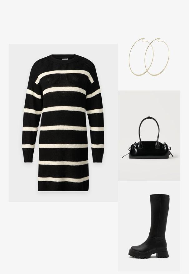 Sort strikket sweaterkjole med brede vandrette cremede striber, rund halsudskæring og lange ærmer. Tekstureret stof med ribbede manchetter og kant.; Sorte knælange støvler lavet af syntetisk læder, med en chunky gummisål med dybe riller, glat overflade og minimale syninger.; Lille sort blank håndtaske med to lange håndtag og snøre-detaljer i siden på en ensfarvet lys baggrund.; Pilgrim Øreringe - gold-coloured