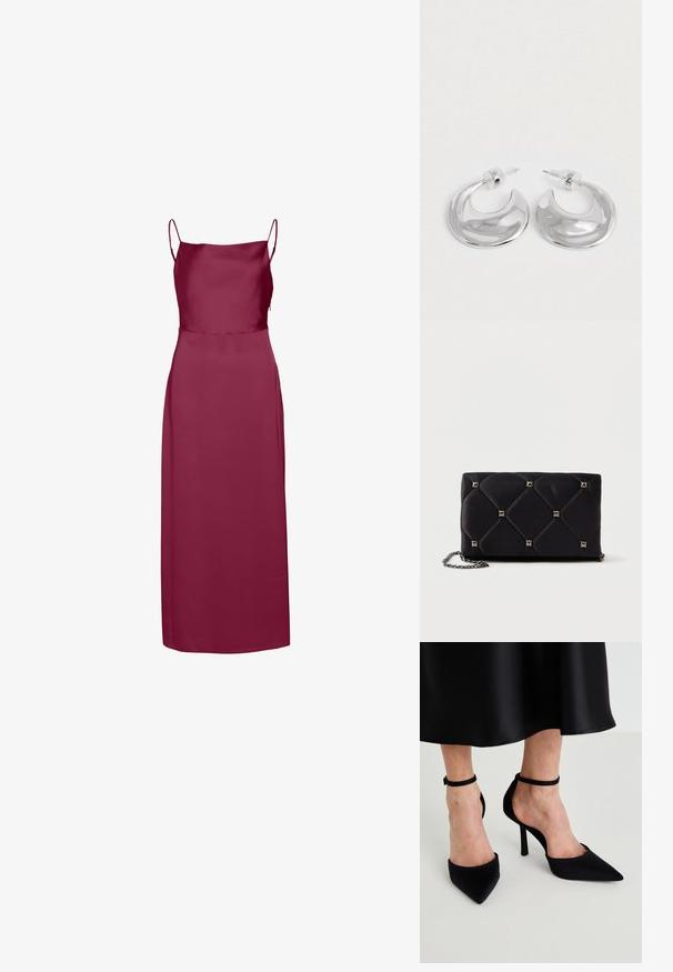 Vestido largo sin mangas de satén en un profundo color burdeos con finas tirantes de espagueti y escote recto.; Zapatos de tacón negro con punta afilada, hechos de tela suave, con tacón de aguja y una correa delgada en el tobillo, que presentan un diseño de lado abierto.; Clutch de satén negro acolchado con tachuelas piramidales plateadas, correa de cadena, forma rectangular y textura suave. Dimensiones de 10 cm x 18 cm x 4 cm.; Un par de pendientes de aro en forma de media luna pulidos en plata, con respaldos de plástico transparente, sobre una superficie blanca.