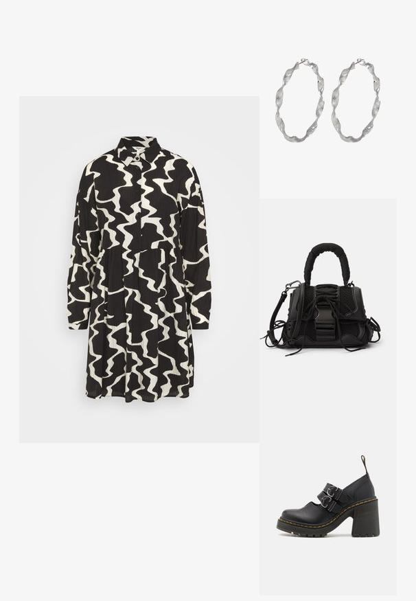 Object VANJA SHIRT DRESS - Skjortekjole - black/sandshell; Sorte højhælede sko med en tekstureret sål, der har to sølvspænder, gul syning og en løkke bagpå for nem påtagning.; Sort håndtaske med en netlignende overflade, vævet håndtag og dekorativ snøring. Indeholder aftagelig rem og kontrasterende metaldele.; Sølv hoop øreringe med et snoet design, der har en tekstureret overflade og en sikker lås. Letvægts og reflekterende med en glat finish.