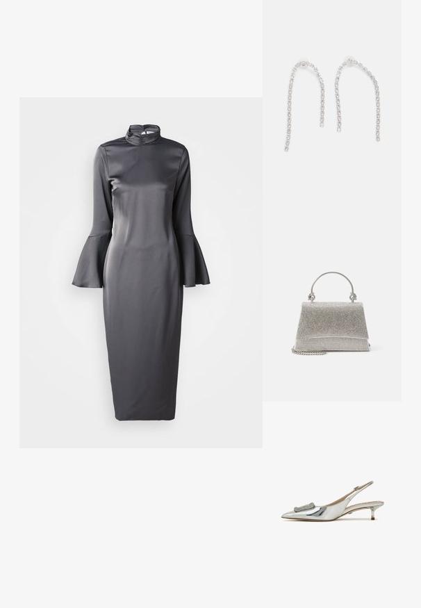 Grijze satijnen midi-jurk met een hoge hals, lange klokmouwen en een slank ontwerp, met een gladde textuur en een minimalistische stijl.; Zilverkleurige metallic slingback schoen met een spitse neus, versiering op de vamp en een lage kittenhak. Glad, reflecterend oppervlak.; ALDO FELISIA - Handtas - silver-coloured; Zilveren oorbellen met hangende kettingen, voorzien van meerdere heldere edelstenen die in een lineair patroon zijn gerangschikt, wat een schitterend effect geeft.