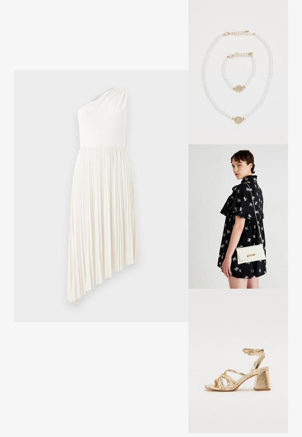 Off-white, enkel skulder kjole med plisseret nederdel og asymmetrisk kant, vist mod en ensartet lys baggrund.; Guldfarvede hæle-sandaler med en strappy design, firkantet blokhæl og justerbar ankelrem med spænde. Glat tekstur.; Sort kjole med hvide sløjfe mønstre, korte ærmer, flæser ved skuldrene. Hvid clutch med guldkæde og lukning, holdt i højre hånd.; Perle halskæde og matchende armbånd med gyldne låse og rund guldc charm dekoreret med små krystaller på hvid baggrund.