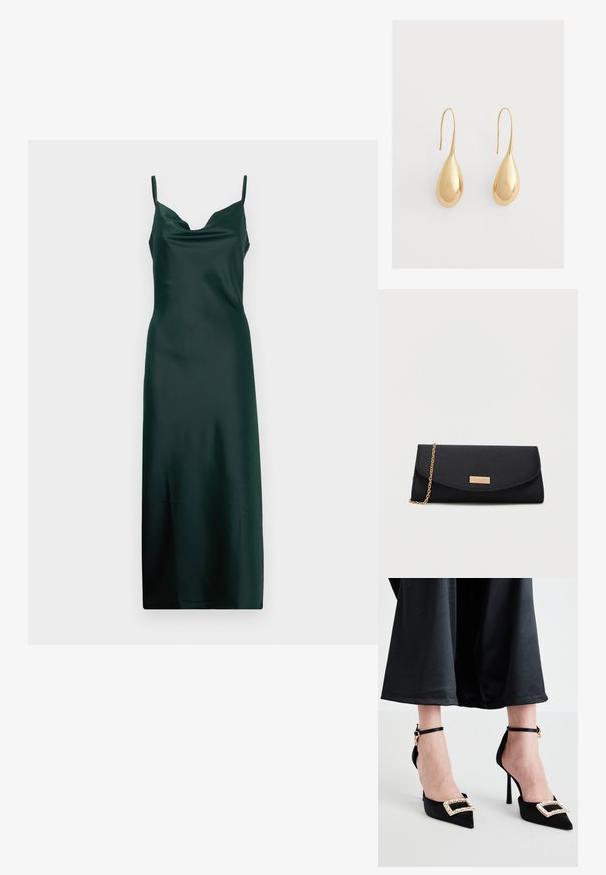 Mørkegrøn satin kjole med spaghetti stropper, draperet halsudskæring og en slank, gulvlængde silhuet. Glat tekstur og minimalistisk design.; Sorte satin højhælede sko med spidse tæer, der har en dekorativ rhinesten spænde og tynde ankelremme.; Sort kuverttasker med en guldkæde-rem og et lille guld rektangulært logo-plakette på frontklappen.; Par skinnende gyldne øreringe formet som dråber med krog på en ensartet lys grå baggrund.