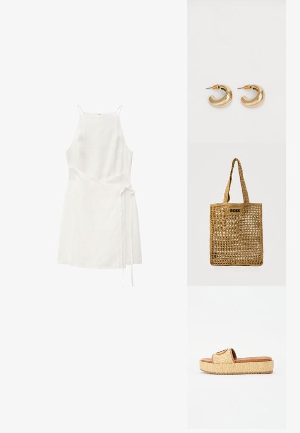 Witte mouwloze mini-jurk met hoge hals, spaghettibandjes, asymmetrisch wikkeldesign en zijstrikdetail.; Geweven stro slide sandalen met een tan kleurige faux leren band en een platformzool, voorzien van een textuur en een cirkelvormig accentdetail.; Geweven beige hangende totebag met open geweven patroon en "BOSS" logoplaatje aan de voorkant midden.; Twee glanzende gouden hoepel oorbellen in een gebogen ontwerp, met oranje accenten bij de oorpost, tegen een eenvoudige witte achtergrond.