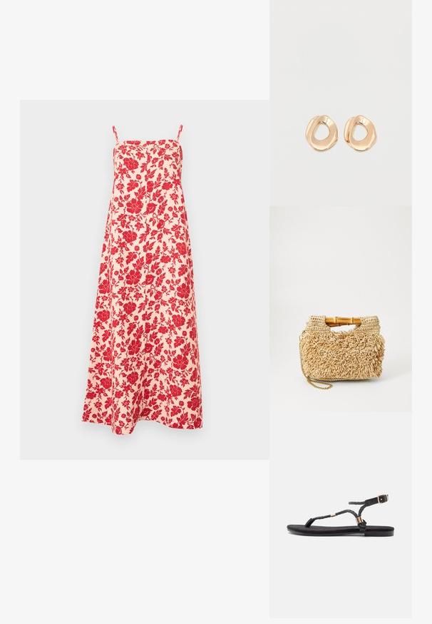 Vestido sin mangas de corte en línea A con tirantes finos, con un estampado floral rojo sobre un fondo beige claro.; Sandalias planas negras con tiras trenzadas y un acento metálico. Presentan una hebilla ajustable y una suela de goma plana para mayor comodidad.; Bolso de paja tejido con asas de bambú, que presenta un diseño de flecos texturizados en beige natural y una correa de cadena dorada.; Par de pendientes de aro de metal en tono dorado pulido, de forma irregular y con centro abierto, sobre un fondo blanco liso.
