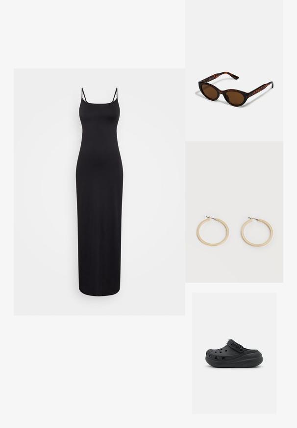Weekday SOPHIE OPEN BACK DRESS - Maxikleid - black; Schwarzer Gummischuh mit Belüftungsöffnungen, erhöhtem Absatz und verstellbarem Riemen. Glatte Textur und abgerundete Form.; Braune Schildpatt-Sonnenbrille mit einer Vintage-Cat-Eye-Form und braunen Gläsern. Verfügt über gebogene Bügel mit roten Akzenten.; Paar mittelgroße, glatte Creolen in Goldton mit Scharnier-Verschlüssen auf einem einfarbigen hellen Hintergrund.