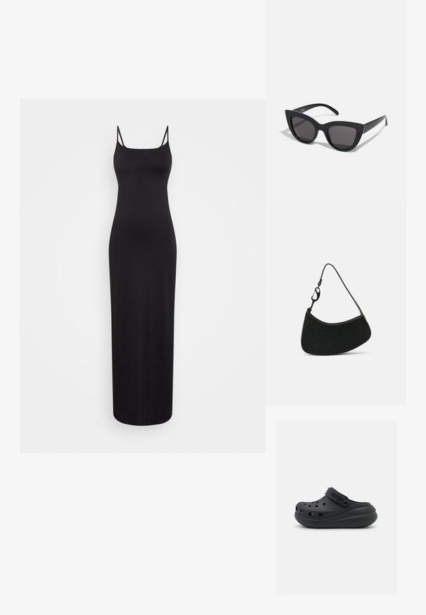 Weekday SOPHIE OPEN BACK DRESS - Maxikjoler - black; Sorte gummiklipper med ventilationshuller, hævet hæl og justerbar rem. Glat tekstur og rund form.; Sorte cat-eye solbriller med mat finish, der har grå tonede linser, skarpe vinkler og slanke sidearme. Mærkenavnet er synligt på den indre arm.; Sort håndtaske med en buet form, blød tekstur og en kort stropp med en metalspænde. Minimalistisk design uden mønstre eller accenter.
