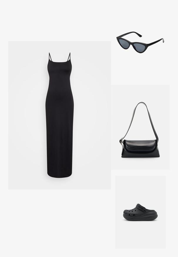 Weekday SOPHIE OPEN BACK DRESS - Maxikjoler - black; Sorte gummiklipper med ventilationshuller, hævet hæl og justerbar rem. Glat tekstur og rund form.; Sorte katteøje solbriller med mørkegrå linser, slankt plastisk stel, spidse hjørner og lige stænger. Ingen synlig hardware eller dekorationer.; Sort læderhåndvask med en struktureret form, en glat overflade og en enkelt skulderrem. Har et subtilt, rundet klapdesign.