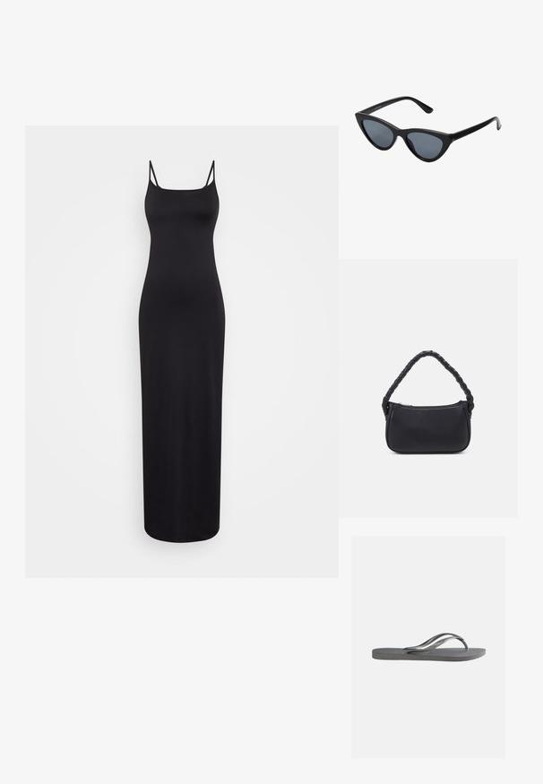 Weekday SOPHIE OPEN BACK DRESS - Vestido largo - black; Sandalia plana gris con plantilla texturizada y finas correas en forma de Y, mostrada de lado sobre un fondo claro y liso.; Gafas de sol negras en forma de ojo de gato con lentes gris oscuro, marco de plástico elegante, esquinas puntiagudas y patillas rectas. Sin herrajes ni acentos visibles.; Bolso negro de forma redondeada, hecho de material liso. Presenta un asa trenzada y un cierre de cremallera para un almacenamiento seguro.