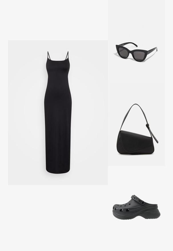 Weekday SOPHIE OPEN BACK DRESS - Maxikjoler - black; Sort klipklap med perforerede sidehuller, lavet af et letvægts plastmateriale. Har en bagrem og en struktureret sål.; Sorte cat-eye solbriller med mat finish, der har grå tonede linser, skarpe vinkler og slanke sidearme. Mærkenavnet er synligt på den indre arm.; Sort læderhåndtaske med en triangular form, skrå klap og et rundt håndtag. Har en glat overflade og minimalistiske design detaljer.