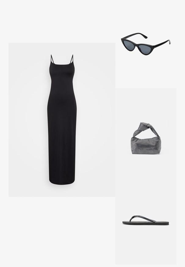 Weekday SOPHIE OPEN BACK DRESS - Maxi šaty - black; Čierna gumová žabková sandála s textúrovanou podrážkou a Y-tvarovaným remienkom, zobrazená z boku na bielom pozadí.; Čierne slnečné okuliare v štýle mačacích očí s tmavošedými sklami, elegantným plastovým rámom, špicatými rohmi a rovnými stranami. Bez viditeľného hardvéru alebo akcentov.; Čierna a strieborná kabelka s textúrovaným povrchom so vzorom diamantov, s uzlovou rukoväťou a štruktúrovaným tvarom.