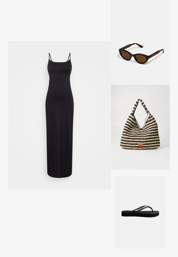 Weekday SOPHIE OPEN BACK DRESS - Maxikjoler - black; Sort gummiflipflop med tekstureret sål og Y-formet rem, vist i sideprofil mod en ensartet lys baggrund.; Brune skildpadde solbriller med en vintage katteøje-form og brune linser. Har buede arme med røde detaljer.; Stribet vævet taske i sort og beige, med et slouchy design, tekstureret overflade og et lille lædermærke.