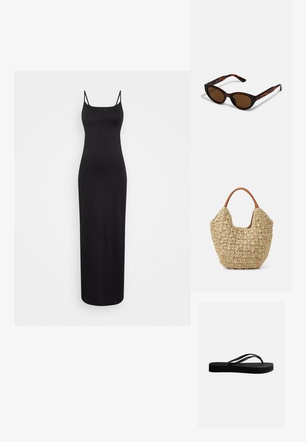 Weekday SOPHIE OPEN BACK DRESS - Maxikjoler - black; Sort gummiflipflop med tekstureret sål og Y-formet rem, vist i sideprofil mod en ensartet lys baggrund.; Brune skildpadde solbriller med en vintage katteøje-form og brune linser. Har buede arme med røde detaljer.; Vævet stråtasker med en naturlig tekstur og en blød, organisk form, der har brune læderhåndtag for nem bæring.