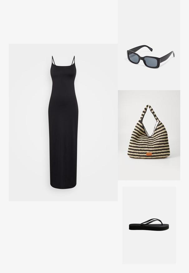 Weekday SOPHIE OPEN BACK DRESS - Maxikleid - black; Schwarze Gummiflips mit strukturierter Sohle und Y-förmigem Riemen, seitliche Ansicht vor schlichtem hellem Hintergrund.; Schwarze rechteckige Sonnenbrille mit dunkel getönten Gläsern, dickem Kunstrahmen und breiten Bügeln. Glatte Oberfläche und kantiges Design.; Gestreifte, gewebte Tasche in Schwarz und Beige mit einem lässigen Design, strukturierten Oberflächen und einem kleinen Lederakzent.