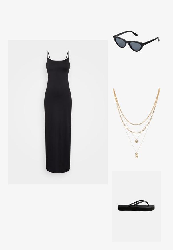 Weekday SOPHIE OPEN BACK DRESS - Maxikjoler - black; Sort gummiflipflop med tekstureret sål og Y-formet rem, vist i sideprofil mod en ensartet lys baggrund.; Sorte katteøje solbriller med mørkegrå linser, slankt plastisk stel, spidse hjørner og lige stænger. Ingen synlig hardware eller dekorationer.; Guld multi-lag kæde med forskellige kædestilarter, herunder chunky led og fine kæder, med cirkulære og rektangulære vedhæng.