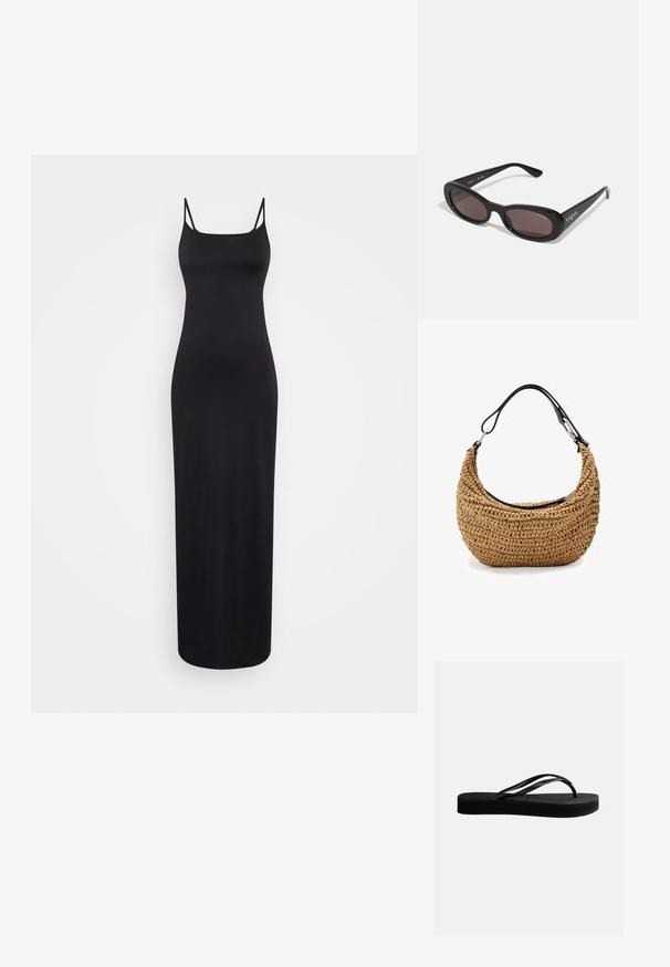 Weekday SOPHIE OPEN BACK DRESS - Maxikjoler - black; Sort gummiflipflop med tekstureret sål og Y-formet rem, vist i sideprofil mod en ensartet lys baggrund.; Sorte solbriller med ovale rammer, mørkt tonede linser og "vogue" trykt i hvidt på de ydre arme. Glat plastmateriale.; Vævet stråtaske i beige med en buet silhuet, med en sort læderrem og sølvfarvede hardware-detaljer. Tekstureret finish.