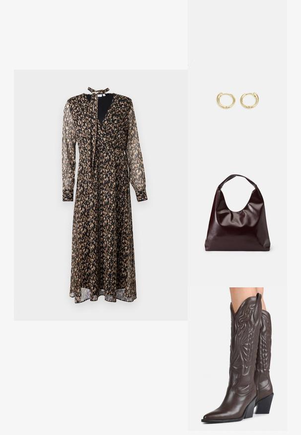 Zwarte en beige gestreepte jurk met lange doorschijnende mouwen, V-hals, gestrikte kraag, wikkeldesign en vloeiende rok.; Donkerbruine leren cowboylaarzen tot over de knie met puntige neuzen, decoratieve stiksels en schuine blokhakken gedragen door een persoon.; Bordeaux, glanzende vegan leren totebag met een zachte, sculpturale vorm en een brede, gebogen handgreep voor makkelijk dragen.; Gouden hoepel oorbellen met een gladde, ronde vorm. Voorzien van een kleine scharnierluiting, lichte uitstraling en een gepolijste afwerking.