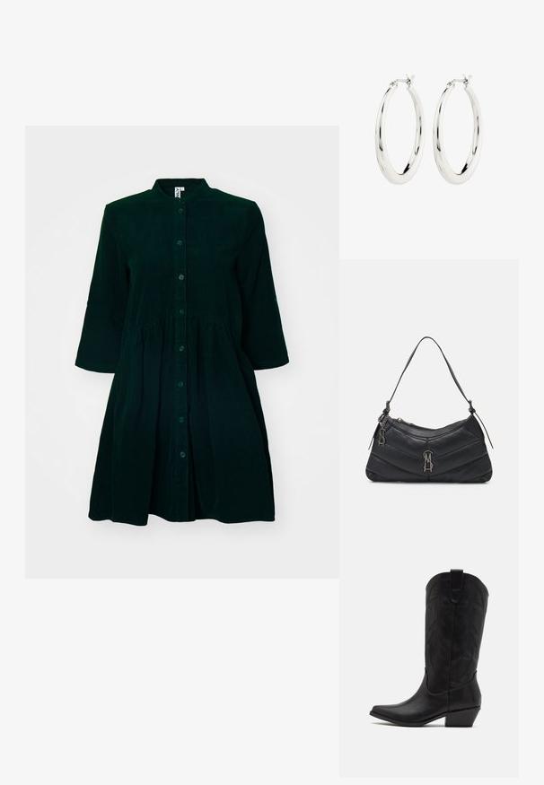 Donkergroene corduroy jurk met een knoopsluiting aan de voorkant, een mandarinkraag, driekwartmouwen en een geplooide taille voor extra detail.; Zwarte leren cowboylaars met spitse neus, lage gestapelde hak en een ingewikkeld geïmbossieerd bladerenpatroon op de schacht. Lus aan de bovenkant voor eenvoudig aantrekken.; Zwarte leren schoudertas met een gewatteerd ontwerp, accenten van zilverkleurig beslag en een gebogen ritssluiting. Voorzien van een slanke, verstelbare schouderband.; Zilveren oorbellen in de vorm van een gladde, glanzende ring. Circulaire vorm, voorzien van een veilige sluiting. Eenvoudig en elegant ontwerp.