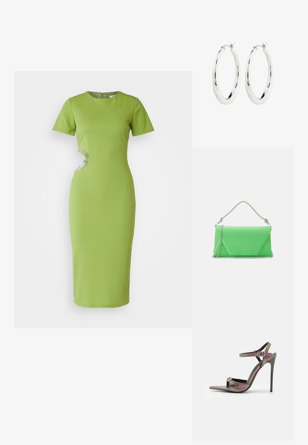 WAL G. TALIA CHAIN - Gallakjole - olive green; Hæle sandal med multikolor, tekstureret slangeprint. Har justerbare ankelremme og en spids tådesign.; Mascara CB61156 - Clutches - apple; Sølvøreringe i form af hoops med en glat, blank finish. Cirkulær form, der har en sikker lås. Simpelt og elegant design.