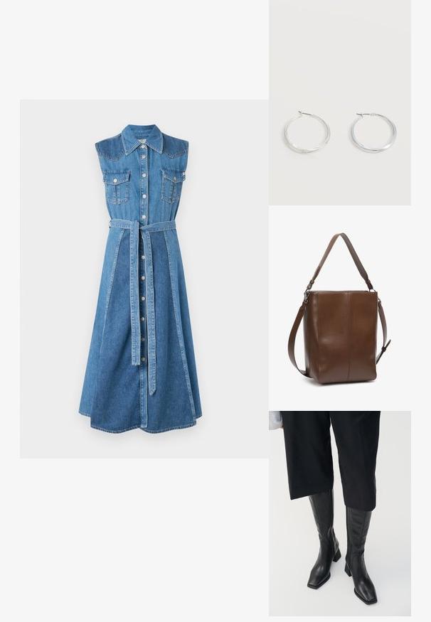 Denim skjortekjole med krave, uden ærmer, to brystlommer, bælte i taljen og en mellemlang, udvidet kant. Lys blå farve.; Sorte læder støvler til knæene med firkantet tå og blokhælc. Har en sidezipper og glat tekstur.; Brun skuldertaske i læder med en glat tekstur, rektangulær form og justerbar rem. Har et rent sømdesign og diskret glans.; Sølvfarvede metaloorringe med glat, let buet overflade og låsemekanisme på en ensfarvet hvid baggrund.