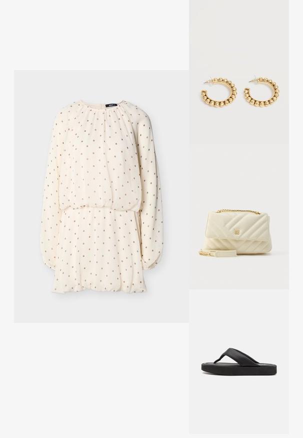 Robe longue à manches longues crème à pois beige, col rond, taille froncée, et poignets et ourlet élastiques.; Tongs noires avec une large lanière entre les orteils et une tige en synthétique douce. Dotées d'une semelle en caoutchouc épaisse avec une semelle intérieure texturée pour une meilleure adhérence.; Sac à main crème matelassé avec bandoulière chaîne dorée et détail logo. Comprend une fermeture à rabat, une texture lisse et des motifs de piqûres diagonales.; Paire de boucles d’oreilles créoles dorées avec des détails de perles arrondies le long du bord extérieur sur un fond clair.