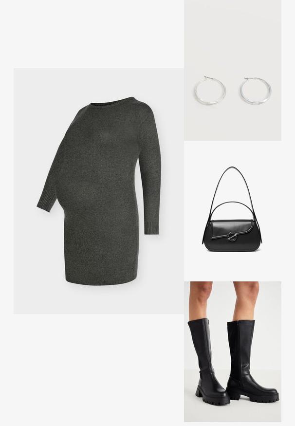 Robe de maternité en tissu maille gris foncé, avec un col rond, des manches longues et une coupe ample pour le confort, conçue pour s'adapter à un ventre qui s'arrondit.; Cuissardes noires en simili cuir lisse avec une semelle épaisse, fermeture éclair sur le côté et bout arrondi.; Sac à bandoulière en cuir noir avec un rabat incurvé fermé par un fermoir métallique rond et une sangle fine et ajustable.; Boucles d’oreilles créoles en métal argenté avec une surface lisse légèrement incurvée et des fermoirs à clapet sur un fond blanc uni.
