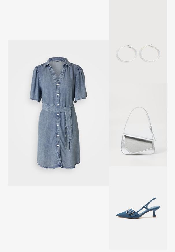 Denimist särgkleit lühikeste puhvste varrukatega, nööpidega esikülg, vöökoht ja kulunud äär. Värv on helesinine ja tekstuur on sile.; Denim slingback-kontsad, millel on terav nina, reguleeritav pannal ja läikiv sinine konts. Sile tekstuur koos heleda sinise sisetallaga.; Hõbedane metallik käekott kolmnurkse kujuga, sileda tekstuuriga ja õhukese, reguleeritava õlapaelaga. Omab kokkuvolditavat disaini koos õmblustega.; Paari läikiva hõbedase rõngaskujulise kõrvarõngastega, millel on õhukesed traatlukkud, kuvatud heleda halli taustal.
