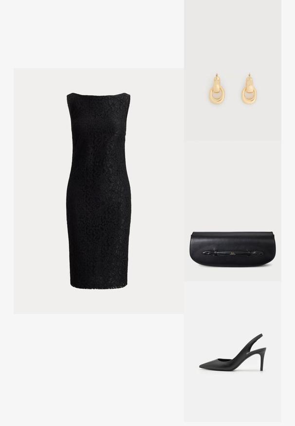 Robe noire sans manches longueur genou avec superposition de dentelle florale et encolure bateau.; Escarpins à talon aiguille en cuir noir, avec un design à bout pointu, présentant une découpure à l'avant et un talon fin.; Pochette en cuir noir à texture lisse, forme arrondie, avec une sangle décorative ornée d'un logo doré.; Paire de boucles d'oreilles en ton or poli avec un dessus rectangulaire courbé relié à un anneau ovale irrégulier, sur fond blanc uni.