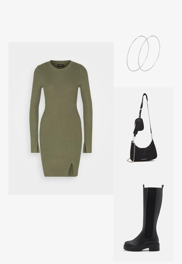 Even&Odd by Zalando RIB MINI DRESS - Etuikjole - olive; Sorte knæhøje støvler med en glat læderoverflade, elastiske sidepaneler og en kraftig struktureret sål for godt greb.; Sort nylon skuldertaske med en buet form, sølvfarvet kædeaccent, aftagelig mini-pung og justerbar rem; prydet med "Steve Madden" logo.; Sølvøreringe med et minimalistisk design. Cirkulær form, glat tekstur og tynd profil. Letvægtige med en poleret overflade.