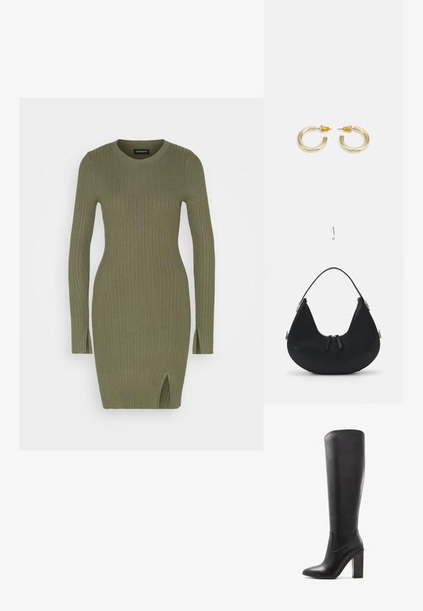 Even&Odd by Zalando RIB MINI DRESS - Etuikjole - olive; ALDO PILLOW WALK PULL ON GLAJAR - Højhælede støvler - black; Sort læderhandtaske med en buet form, lynlåslukning, to sorte frynser og sølvhardware-detaljer, herunder en unik fastgørelsesdetalje.; Guldtonede hooop øreringe med en glat, rund form og en poleret finish. Har orange detaljer på bagsiden for sikker fastgørelse.