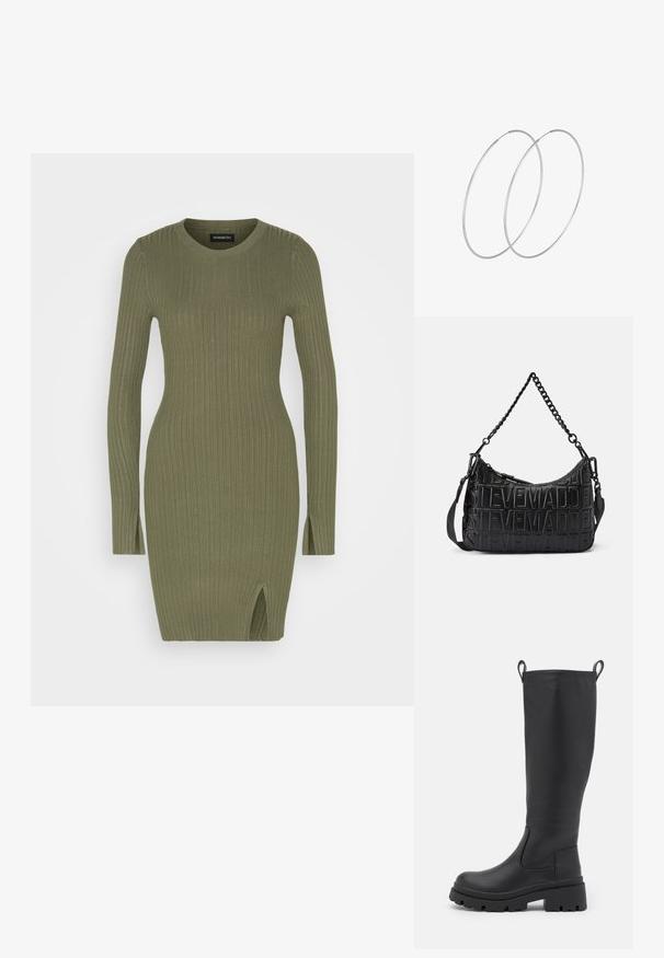 Even&Odd by Zalando RIB MINI DRESS - Etui-jurk - olive; Zwarte kniehoge laars van soepel leer met een chunky zool en een lichte hak. Voorzien van trekbanden en elastische zijpanelen voor gemakkelijk aan- en uittrekken.; Zwarte handtas van gestructureerd leer, met een debossed logo ontwerp, enkele ketting en afneembare schouderriem, met een ritsluiting.; Zilveren hoepel oorbellen met een minimalistisch ontwerp. Cirkelvormig, gladde textuur en dun profiel. Lichtgewicht met een gepolijste afwerking.