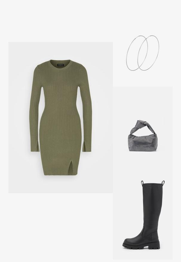 Even&Odd by Zalando RIB MINI DRESS - Shift dress - olive; Black knee-high boot made of smooth leather with a chunky sole and slight heel. Features pull tabs and elastic side panels for easy wear.; Black and silver handbag with a textured surface featuring a diamond pattern, a knotted handle, and a structured shape.; Silver hoop earrings with a minimalist design. Circular shape, smooth texture, and thin profile. Lightweight with a polished finish.