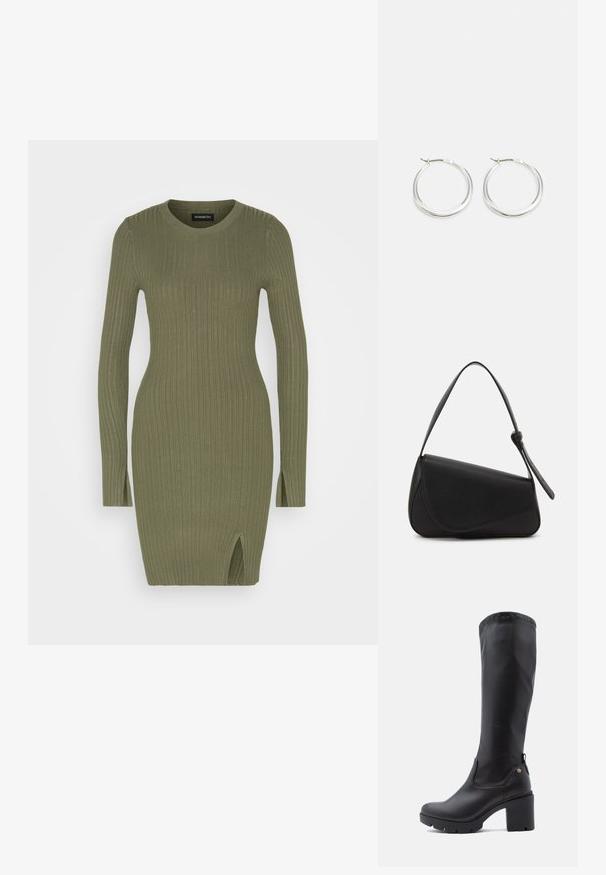 Even&Odd RIB MINI DRESS - Etuikjole - olive; Sorte knæhøje støvler lavet af glat læder med firkantet tå, kraftig blokhælt og tekstureret gummisål. Har et diskret logodetalje.; Sort læderhåndtaske med en triangular form, skrå klap og et rundt håndtag. Har en glat overflade og minimalistiske design detaljer.; Sølv hoops øreringe har et glat, afrundet design med en slank profil og sikker spænde. Minimalistisk stil med en poleret finish.