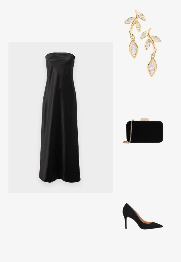 Vestido largo sin mangas de satén negro, con un diseño sencillo, textura suave y silueta fluida.; Zapato de tacón alto de ante negro con puntera afilada, diseño elegante y tacón de aguja. Presenta un forro interior suave.; Clutch de terciopelo negro con herrajes en tono dorado, de forma rectangular y con correa de cadena, que presenta una textura suave y sin patrones visibles.; DIAMANT L'ÉTERNEL Pendientes - gold coloured