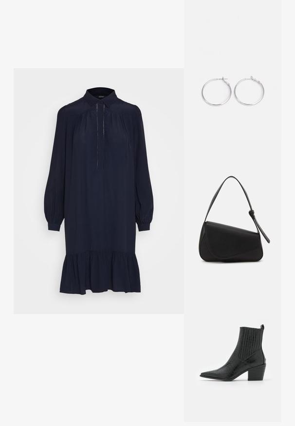 Esprit Collection VOLANT DRESS - Blousejurk - navy; RAID ROCCO - Cowboy-/Bikerlaarsjes - black; Zwart leren handtas met een driehoekige vorm, schuine klep en een ronde handgreep. Heeft een gladde textuur en minimalistische ontwerpelementen.; sweet deluxe EARRING - Oorbellen - silver-coloured